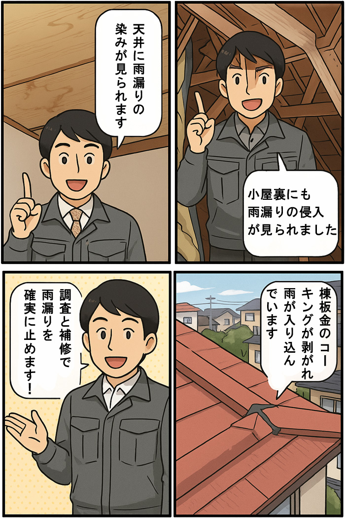 スレート屋根の雨漏りで天井、小屋裏を調査、雨樋外れも雨漏りの原因になります