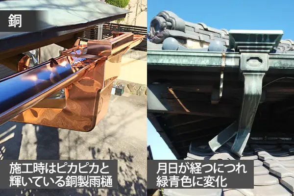 施工時はピカピカと輝いている銅製雨樋は、月日が経つにつれ緑青色に変化していくのが楽しめます