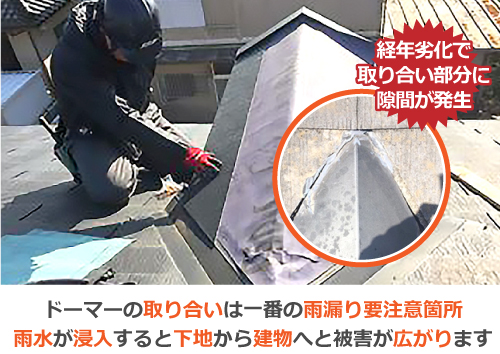 ドーマーの取り合いは一番の雨漏り要注意箇所 雨水が浸入すると下地から建物へと被害が広がります