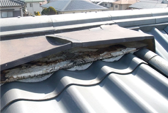 捲れた板金の下から腐食した木材が見えています