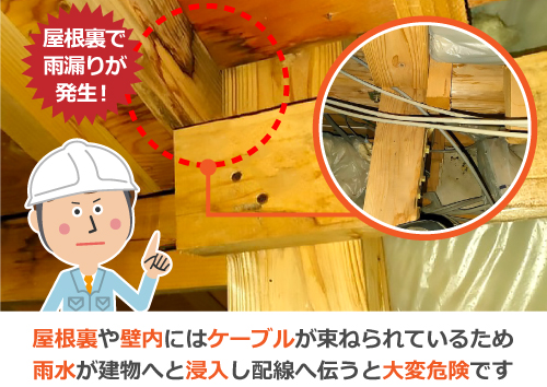 屋根裏や壁内にはケーブルが束ねられているため、雨水が建物へと浸入し配線へ伝うと大変危険です