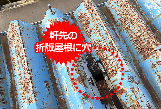 折板屋根の軒先側に穴が空いています