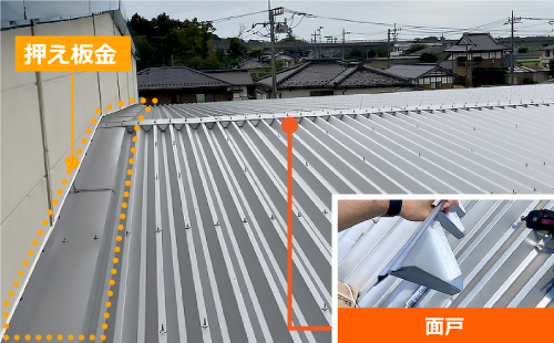 折版屋根には外壁と屋根材の間に押え板金が、棟部分や軒先部分には三角の形をした面戸と呼ばれる部材が使われています