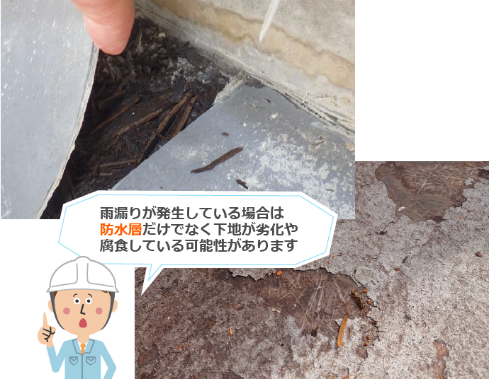 雨漏りが発生している場合は防水層だけでなく下地が劣化や腐食している可能性があります