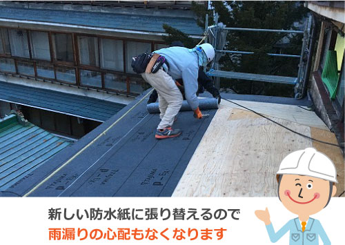 新しい防水紙に張り替えるので雨漏りの心配もなくなります