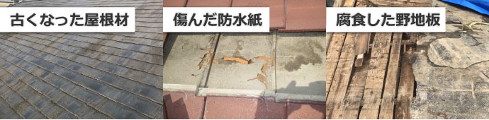 古くなった屋根材、傷んだ防水紙、腐食した野地板