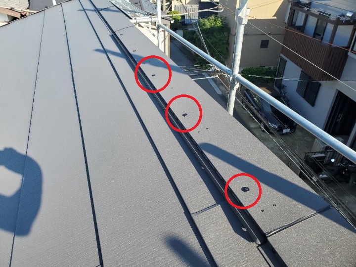 棟板金をステンレス製のＳＵＳビスで固定した屋根の状態