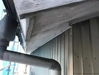 木製の軒天に黒カビが広がっている状況