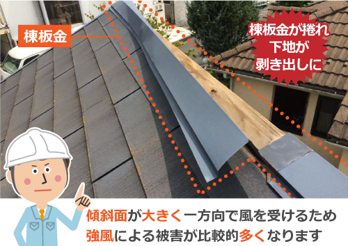 傾斜面が大きく一方向で風を受けるため強風による被害が比較的多くなります