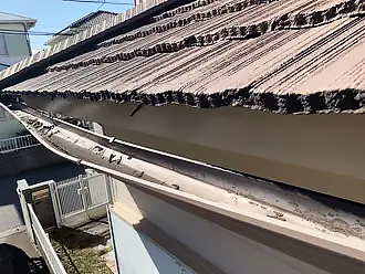 大きく歪んだ雨樋