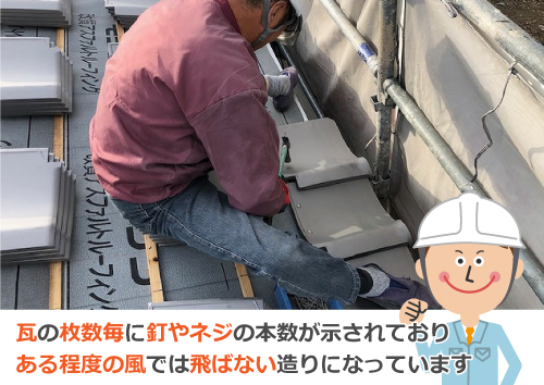 瓦の枚数毎に釘やネジの本数が示されておりある程度の風では飛ばない造りになっています