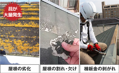 スレート屋根は苔等が大量に発生することによって屋根が劣化したり、屋根材の割れや欠け、棟板金の剥がれに注意が必要です