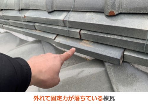 外れて固定力が落ちている棟瓦