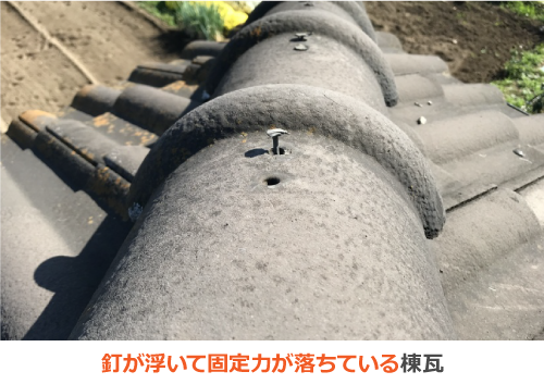 釘が浮いて固定力が落ちている棟瓦