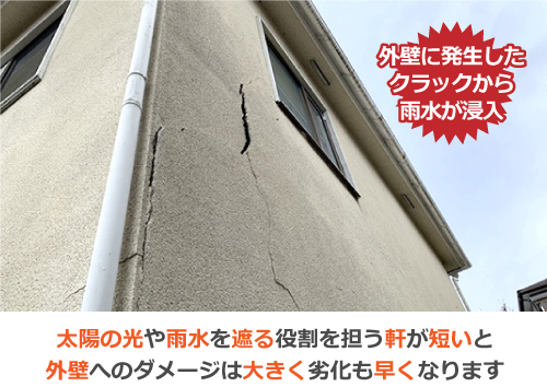 太陽の光や雨水を遮る役割を担う軒が短いと外壁へのダメージは大きく、劣化も早くなります