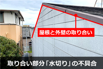 屋根と外壁の取り合い部分「水切り」の不具合の様子