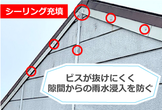 施工後ビス穴へシーリングを充填した様子