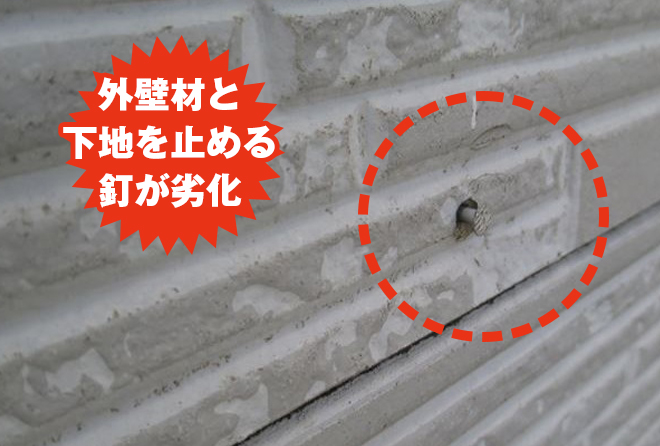 外壁材と下地を止める釘が劣化