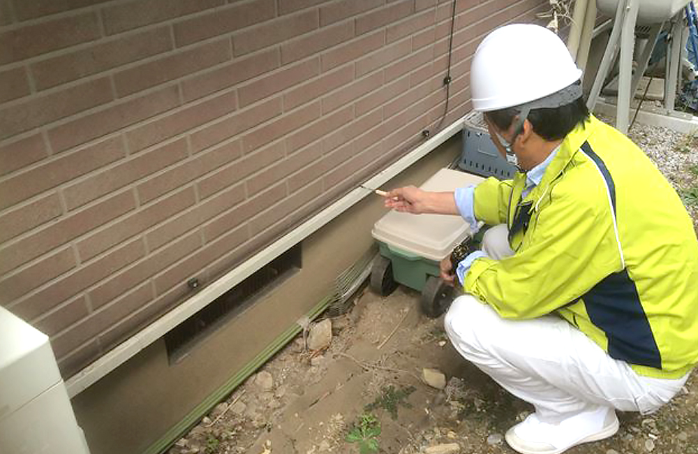 塗装工事の前にお住まいの状態をくまなくチェックする様子