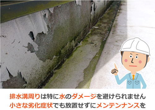 排水溝周りは特に水のダメージを避けられません。小さな劣化症状でも放置せずにメンテンナンスを