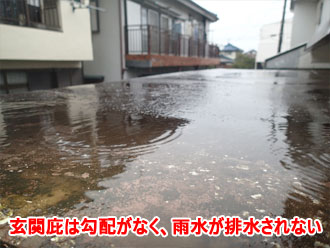 玄関庇の屋根にできた水溜まり