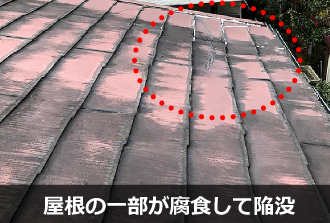 屋根の一部が腐食して陥没しています