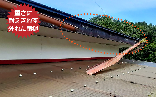 重さに耐えきれず外れた雨樋