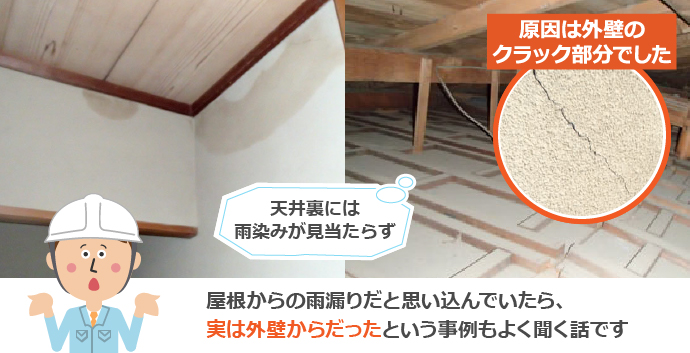 屋根からの雨漏りだと思い込んでいたら、実は外壁からだったという事例もよく聞く話です