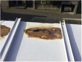 足柄上郡開成町にて天井から雨水が滴ってきたお住まいを調査、板金屋根には錆によって大きな穴が空いていました